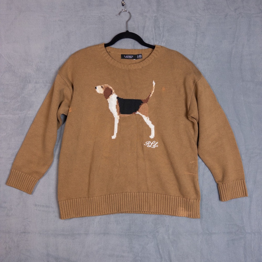 Lauren Ralph Lauren Beagle Dog Sweater Womens XL Brown Fair Intarsia Knit RLL